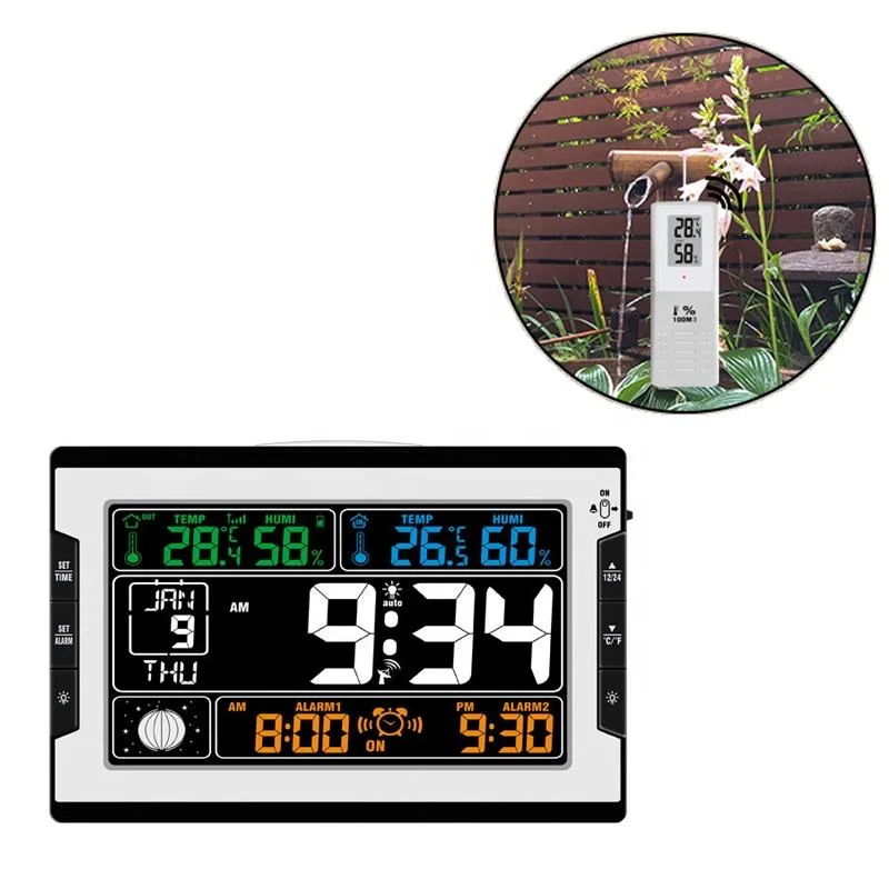 Radio Controlled Wireless Weather Station Table Alarm Clock with Indoor Outdoor Temperature Humidity Moon Phase for Bedroom