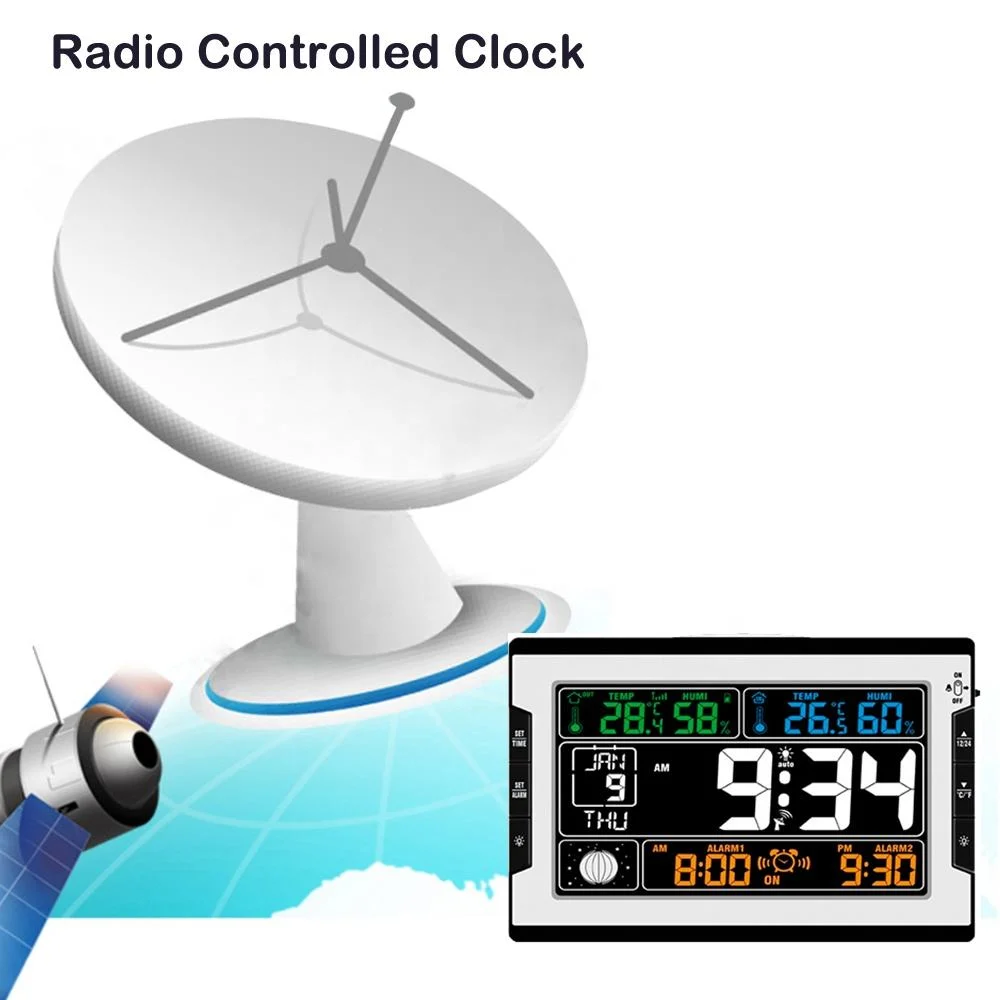 Radio Controlled Wireless Weather Station Table Alarm Clock with Indoor Outdoor Temperature Humidity Moon Phase for Bedroom